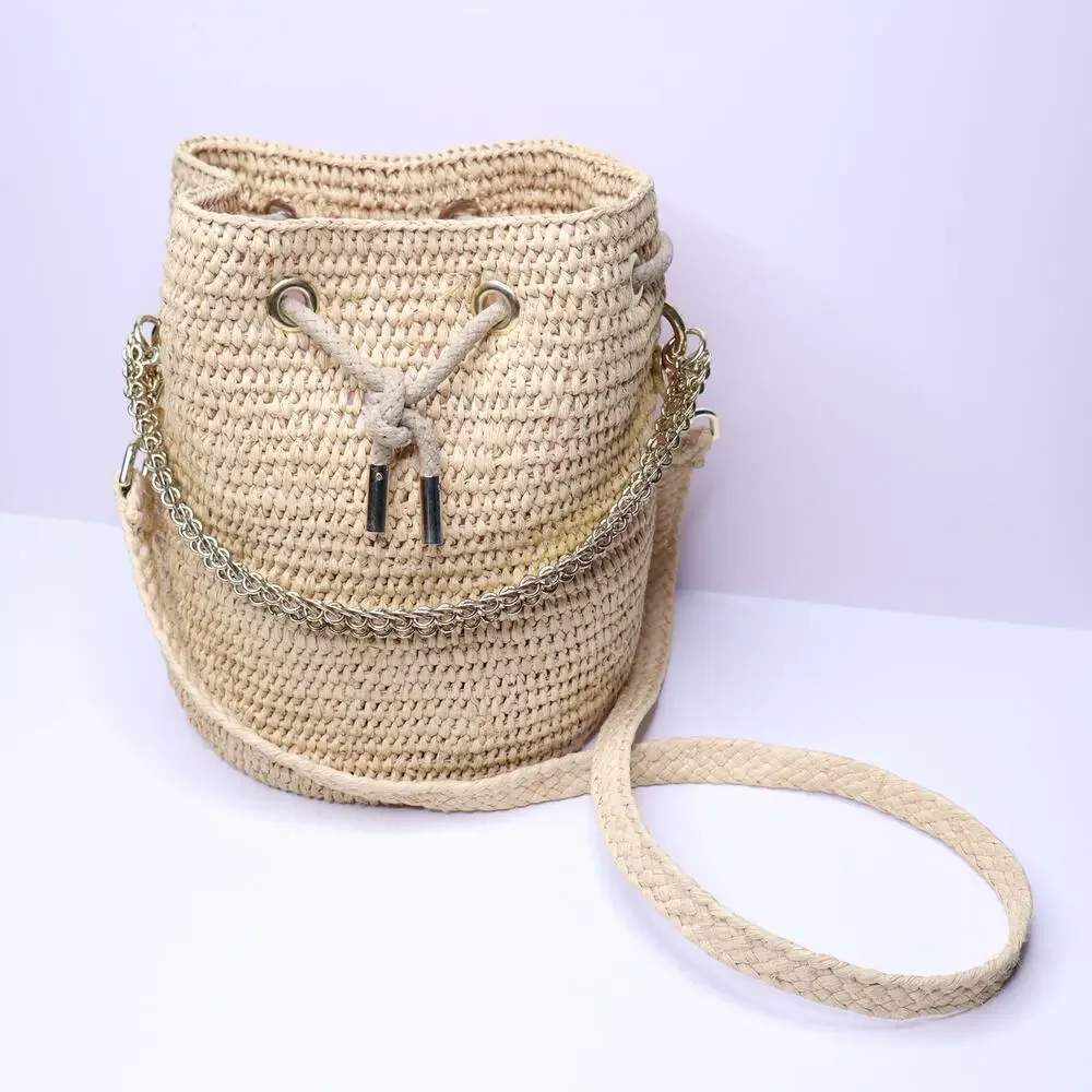 PACO RABANNE Natural Raffia Bucket Bag Gold Chain Link Top Handle Crossbody Bag